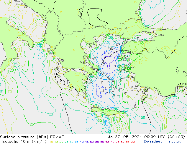 Isotaca (kph) ECMWF lun 27.05.2024 00 UTC