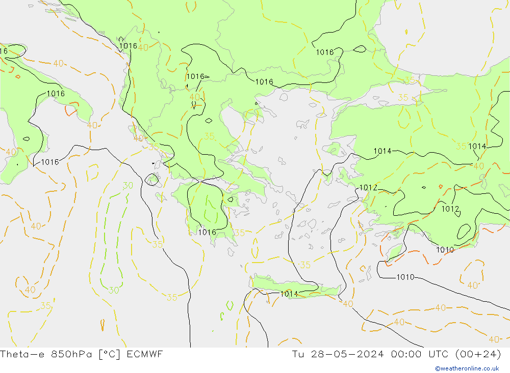 Theta-e 850hPa ECMWF Tu 28.05.2024 00 UTC