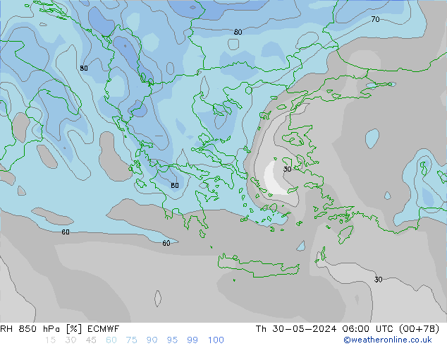 RH 850 гПа ECMWF чт 30.05.2024 06 UTC