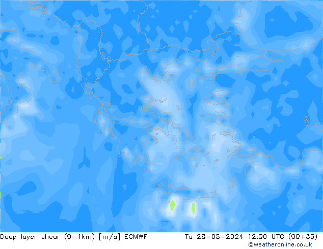 Deep layer shear (0-1km) ECMWF Út 28.05.2024 12 UTC