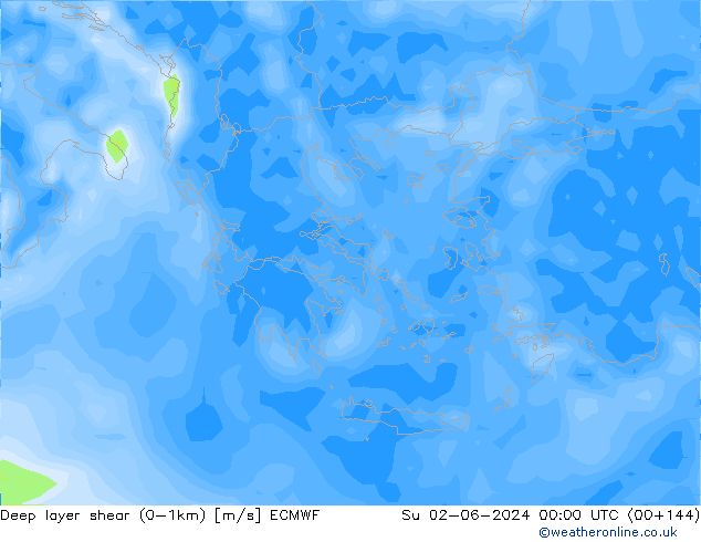 Deep layer shear (0-1km) ECMWF nie. 02.06.2024 00 UTC