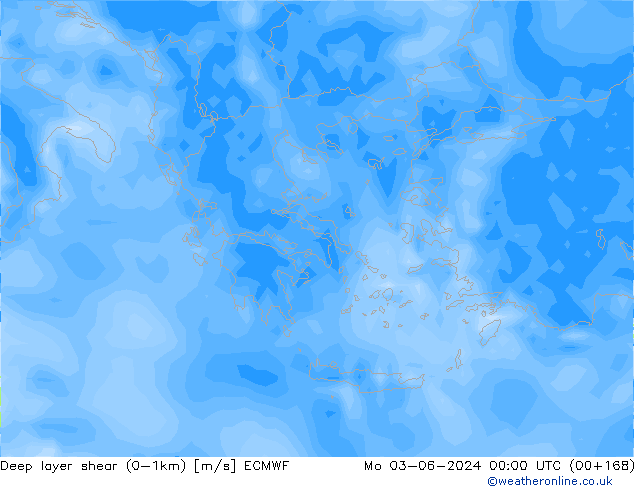 Deep layer shear (0-1km) ECMWF Pzt 03.06.2024 00 UTC