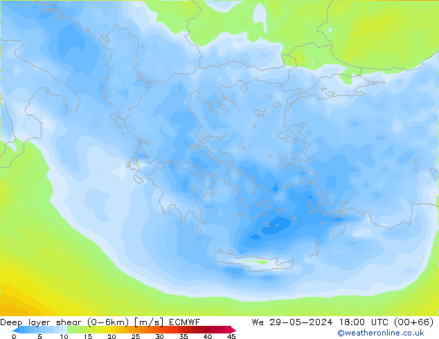 Deep layer shear (0-6km) ECMWF mer 29.05.2024 18 UTC