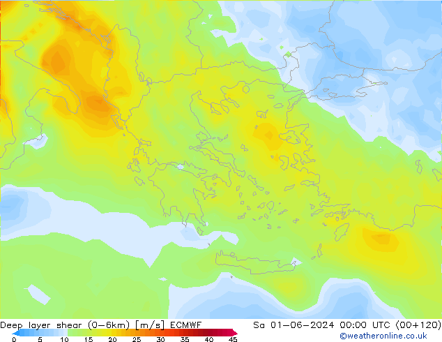 Deep layer shear (0-6km) ECMWF so. 01.06.2024 00 UTC