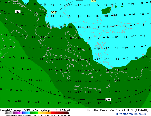 Z500/Rain (+SLP)/Z850 ECMWF Čt 30.05.2024 18 UTC