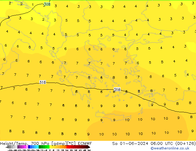 Height/Temp. 700 hPa ECMWF so. 01.06.2024 06 UTC