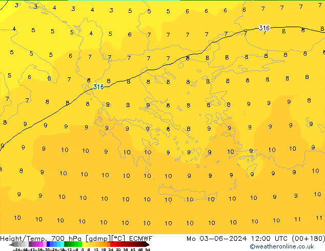 Yükseklik/Sıc. 700 hPa ECMWF Pzt 03.06.2024 12 UTC