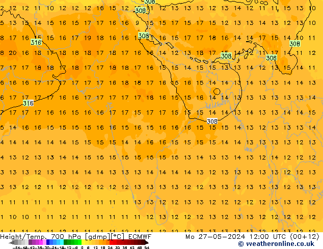 Height/Temp. 700 hPa ECMWF lun 27.05.2024 12 UTC