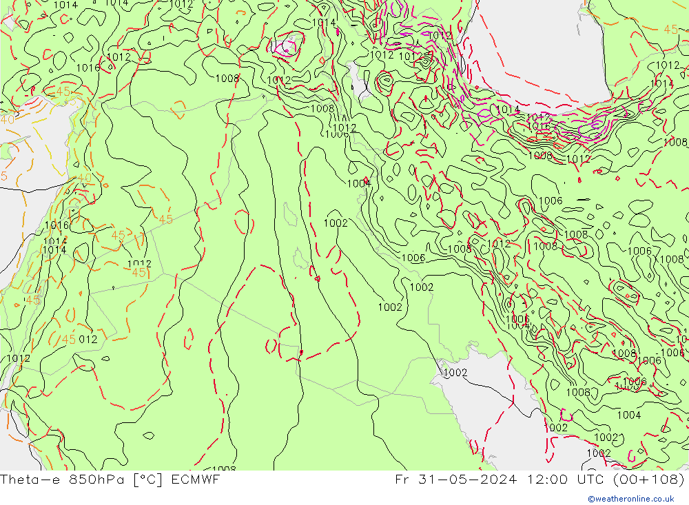 Theta-e 850hPa ECMWF Cu 31.05.2024 12 UTC