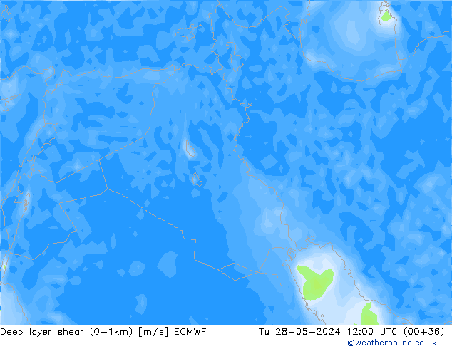 Deep layer shear (0-1km) ECMWF Út 28.05.2024 12 UTC