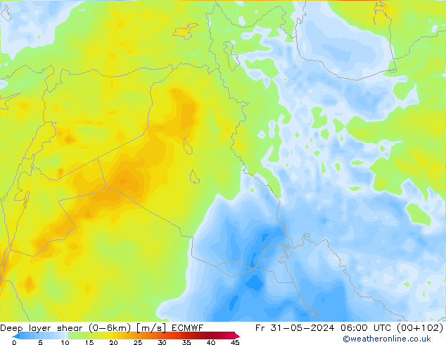 Deep layer shear (0-6km) ECMWF vr 31.05.2024 06 UTC