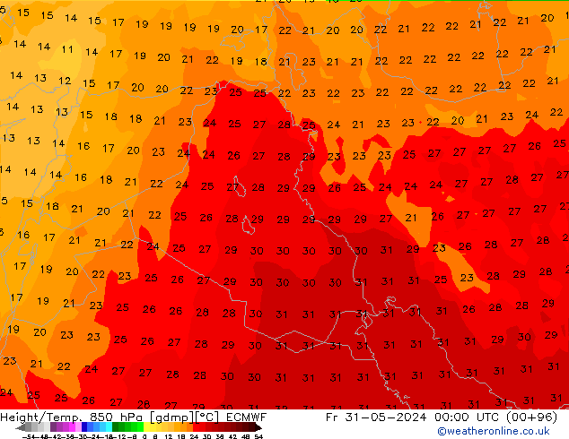 Hoogte/Temp. 850 hPa ECMWF vr 31.05.2024 00 UTC