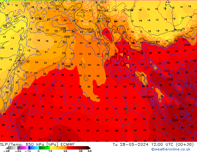 SLP/Temp. 850 hPa ECMWF mar 28.05.2024 12 UTC