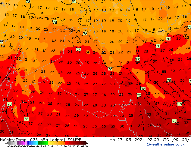 Height/Temp. 925 hPa ECMWF Mo 27.05.2024 03 UTC