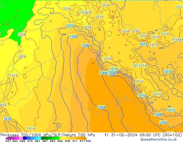 Thck 700-1000 hPa ECMWF ven 31.05.2024 06 UTC