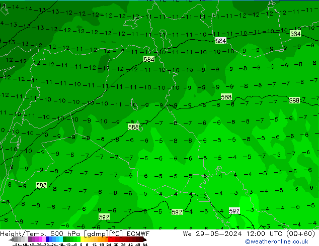 Z500/Yağmur (+YB)/Z850 ECMWF Çar 29.05.2024 12 UTC