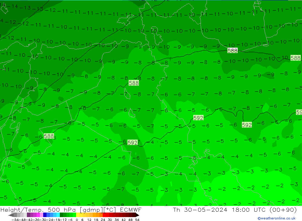 Z500/Rain (+SLP)/Z850 ECMWF Th 30.05.2024 18 UTC