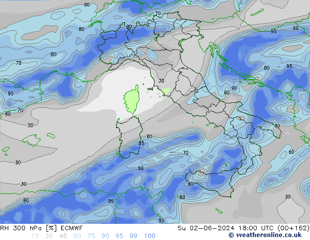 Humedad rel. 300hPa ECMWF dom 02.06.2024 18 UTC