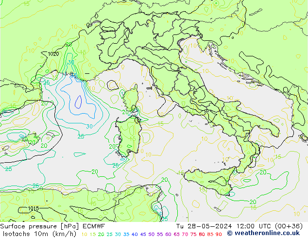 Isotachs (kph) ECMWF Tu 28.05.2024 12 UTC