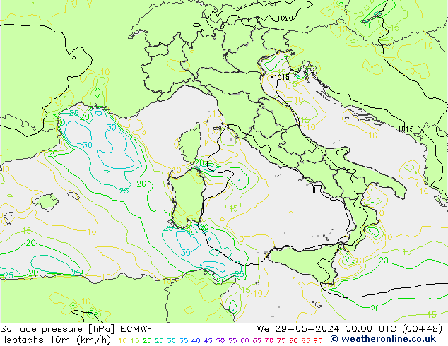 Isotachs (kph) ECMWF mer 29.05.2024 00 UTC