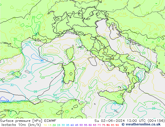 Isotachs (kph) ECMWF dim 02.06.2024 12 UTC
