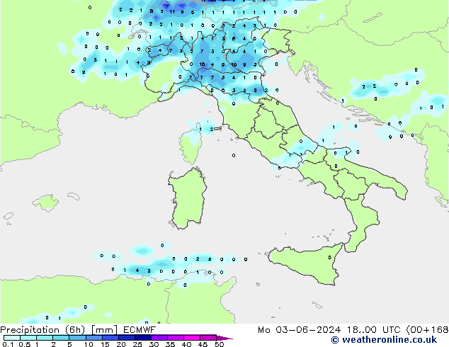 Totale neerslag (6h) ECMWF ma 03.06.2024 00 UTC