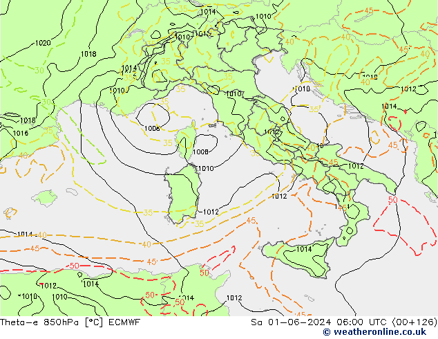 Theta-e 850hPa ECMWF Sa 01.06.2024 06 UTC