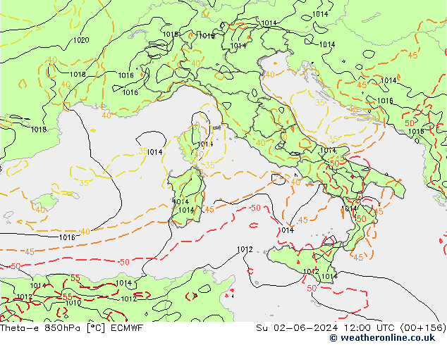 Theta-e 850hPa ECMWF dim 02.06.2024 12 UTC