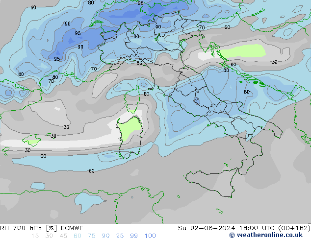 Humidité rel. 700 hPa ECMWF dim 02.06.2024 18 UTC