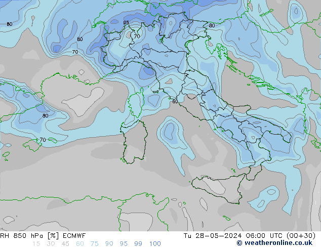 RH 850 hPa ECMWF Tu 28.05.2024 06 UTC