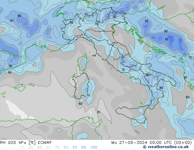 RH 925 hPa ECMWF pon. 27.05.2024 00 UTC