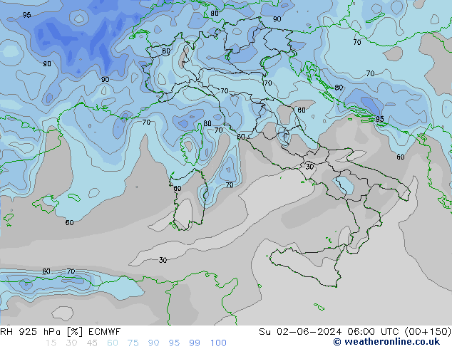 RH 925 hPa ECMWF Dom 02.06.2024 06 UTC