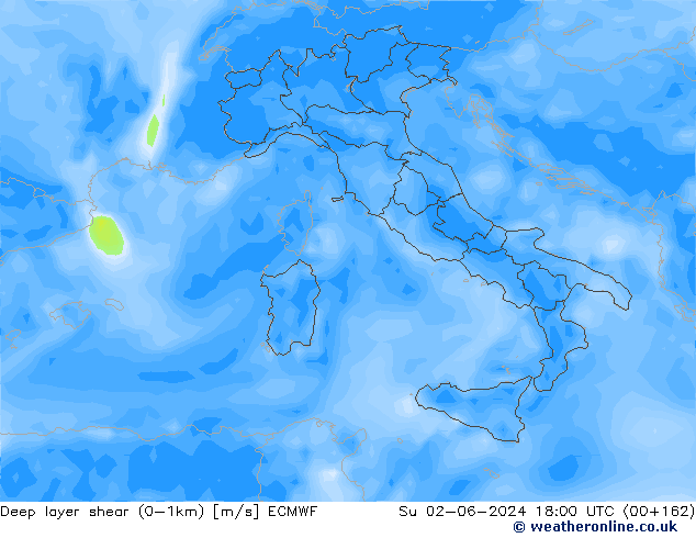 Deep layer shear (0-1km) ECMWF dim 02.06.2024 18 UTC