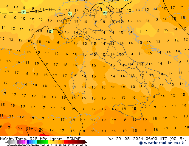 Height/Temp. 925 hPa ECMWF śro. 29.05.2024 06 UTC