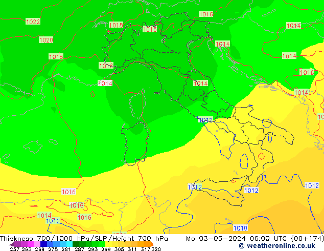 Thck 700-1000 hPa ECMWF pon. 03.06.2024 06 UTC