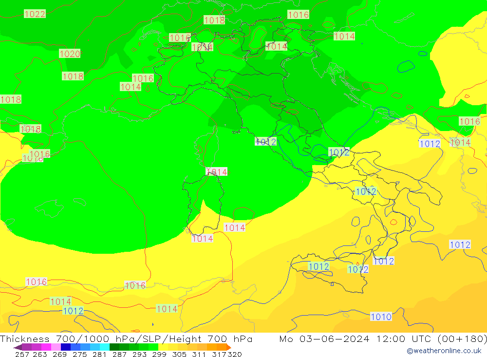 Thck 700-1000 hPa ECMWF pon. 03.06.2024 12 UTC