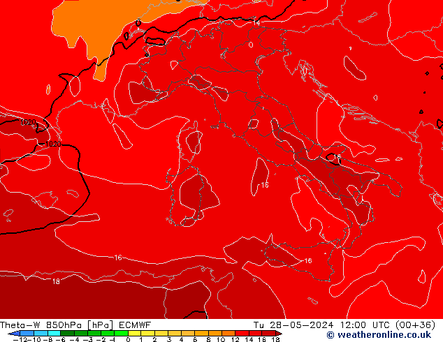 Theta-W 850hPa ECMWF Tu 28.05.2024 12 UTC