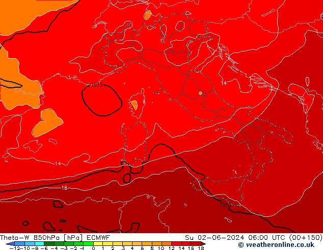 Theta-W 850hPa ECMWF Ne 02.06.2024 06 UTC