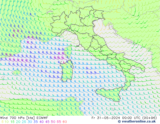 Vento 700 hPa ECMWF Sex 31.05.2024 00 UTC