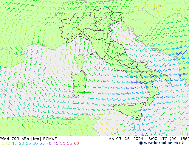 Wind 700 hPa ECMWF Mo 03.06.2024 18 UTC