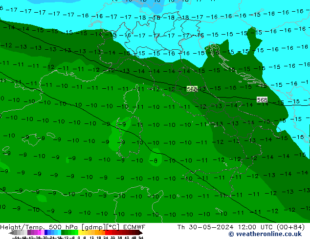 Z500/Rain (+SLP)/Z850 ECMWF czw. 30.05.2024 12 UTC