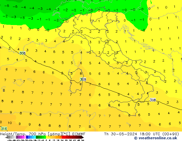 Yükseklik/Sıc. 700 hPa ECMWF Per 30.05.2024 18 UTC