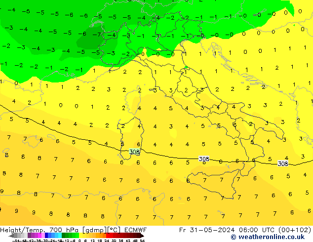 Height/Temp. 700 hPa ECMWF Fr 31.05.2024 06 UTC