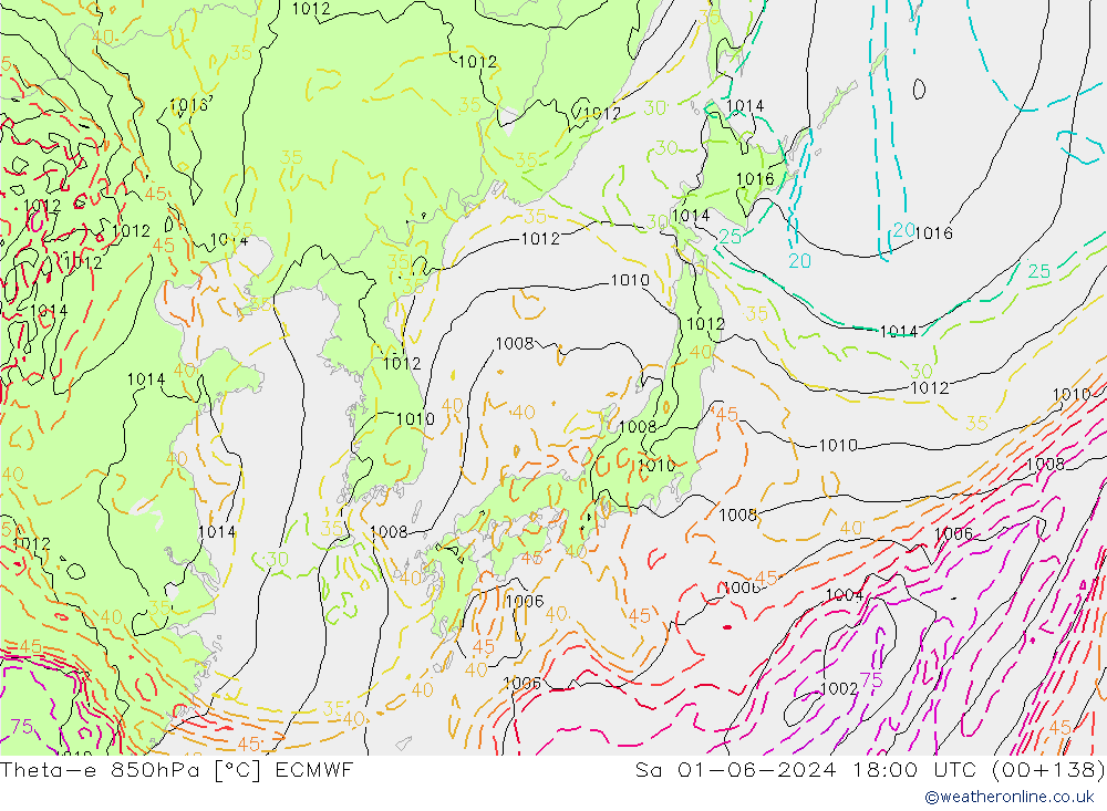 Theta-e 850hPa ECMWF sab 01.06.2024 18 UTC