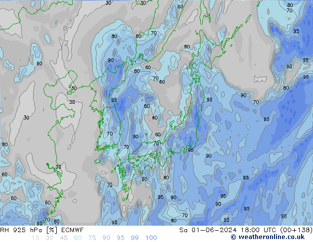 Humidité rel. 925 hPa ECMWF sam 01.06.2024 18 UTC