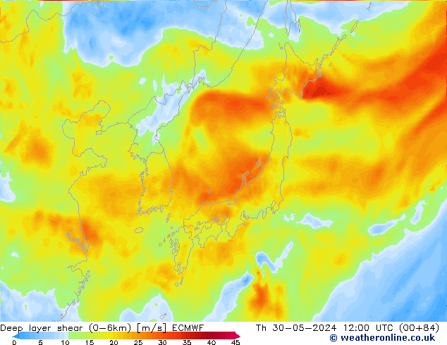 Deep layer shear (0-6km) ECMWF Per 30.05.2024 12 UTC