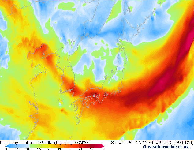 Deep layer shear (0-6km) ECMWF сб 01.06.2024 06 UTC