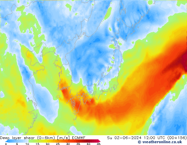 Deep layer shear (0-6km) ECMWF dom 02.06.2024 12 UTC