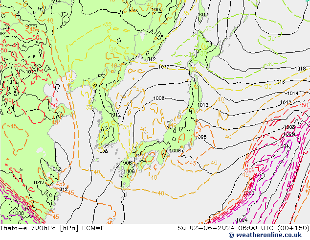 Theta-e 700hPa ECMWF Su 02.06.2024 06 UTC