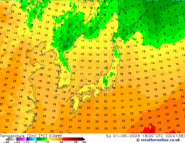 Temperatuurkaart (2m) ECMWF za 01.06.2024 18 UTC